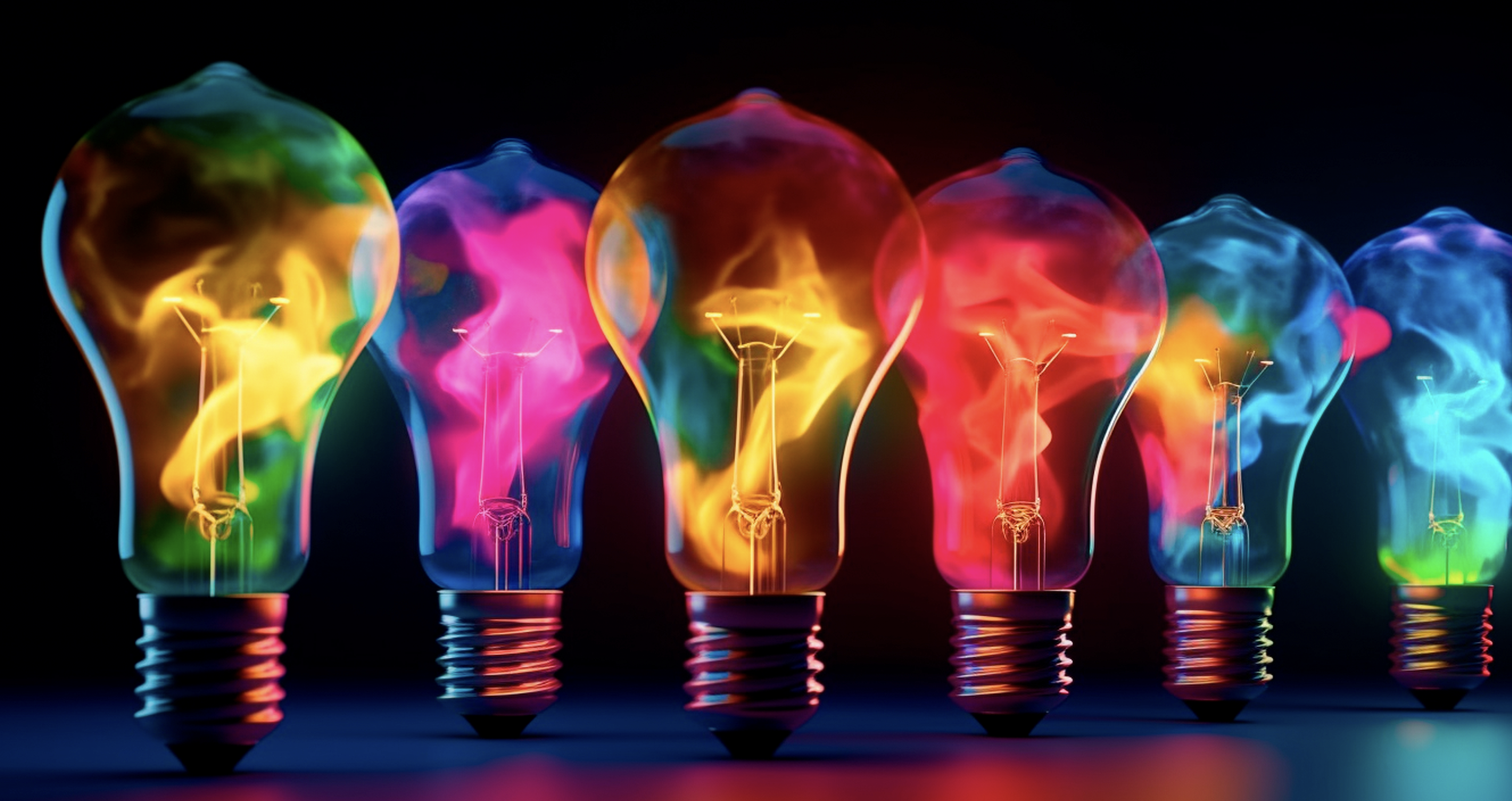 Five neon coloured flame light bulbs
